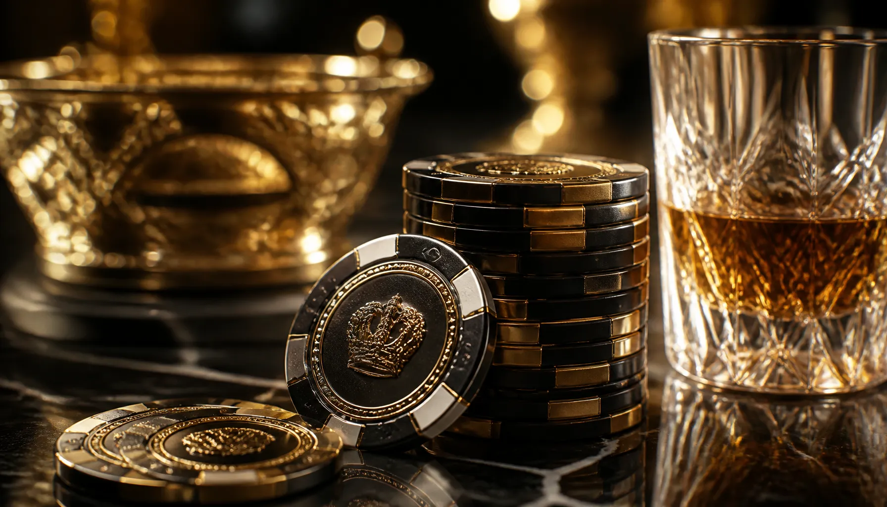 Ornate golden crown resting on dark velvet surface with dramatic jewel-toned lighting and mythic opulence
