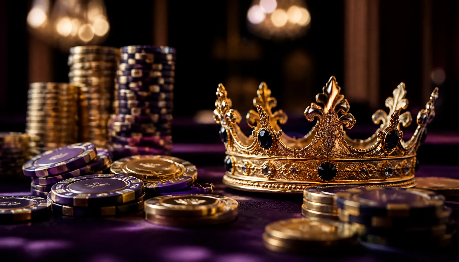Ornate golden crown resting on dark velvet surface with dramatic jewel-toned lighting and mythic opulence