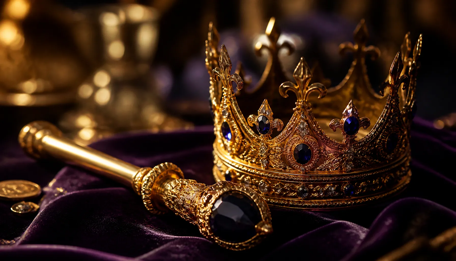 Ornate golden crown resting on dark velvet surface with dramatic jewel-toned lighting and mythic opulence