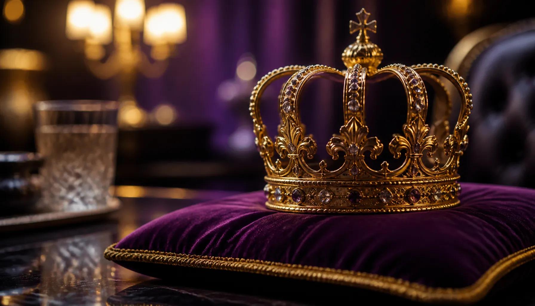 Ornate golden crown resting on dark velvet surface with dramatic jewel-toned lighting and mythic opulence