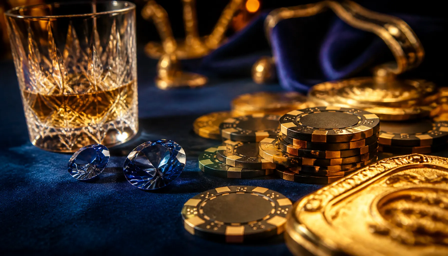 Ornate golden crown resting on dark velvet surface with dramatic jewel-toned lighting and mythic opulence