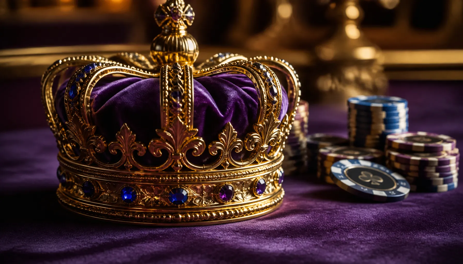 Ornate golden crown resting on dark velvet surface with dramatic jewel-toned lighting and mythic opulence